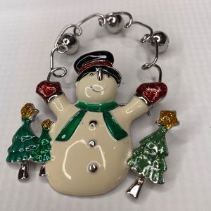 Snowman jingle bell enamel Xmas brooch pin